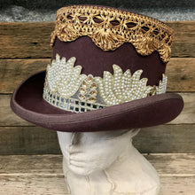 Load image into Gallery viewer, Immortal Kraft Brown Wool Felt Top Hat - Embroidered Cream Pearl Gold Mirror Trim Sz L - OOAK - Phoenix Menswear