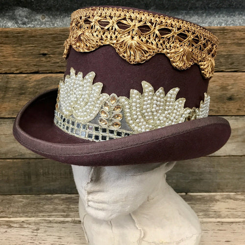 Immortal Kraft Brown Wool Felt Top Hat - Embroidered Cream Pearl Gold Mirror Trim Sz L - OOAK - Phoenix Menswear