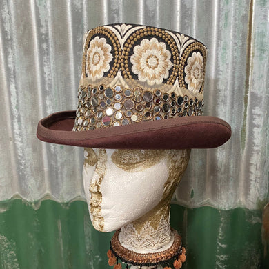 Immortal Kraft Brown Wool Felt Top Hat - Floral Embroidered and Mirror Trim - OOAK - Phoenix Menswear