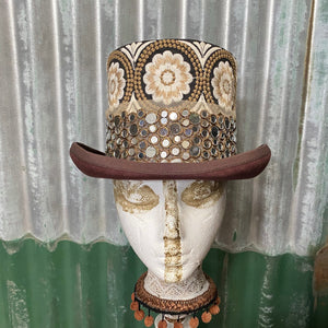 Immortal Kraft Brown Wool Felt Top Hat - Floral Embroidered and Mirror Trim - OOAK - Phoenix Menswear