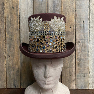 Immortal Kraft Brown Wool Felt Top Hat - Mirror Trim and Embroidered Cream Pearl Sz S - OOAK - Phoenix Menswear
