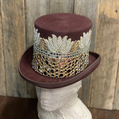Immortal Kraft Brown Wool Felt Top Hat - Mirror Trim and Embroidered Cream Pearl Sz S - OOAK - Phoenix Menswear