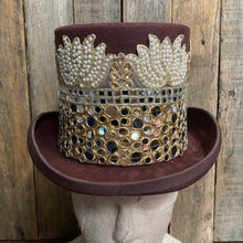 Load image into Gallery viewer, Immortal Kraft Brown Wool Felt Top Hat - Mirror Trim and Embroidered Cream Pearl Sz S - OOAK - Phoenix Menswear