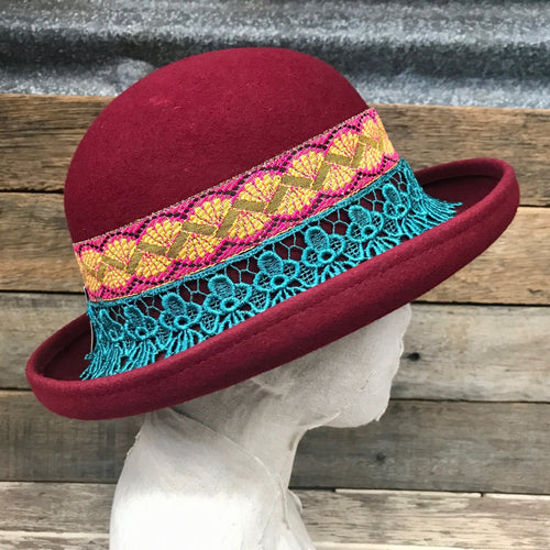 Immortal Kraft Burgundy Wool Bowler Hat Turquoise Yellow Pink Trim Sz M - OOAK - Phoenix Menswear