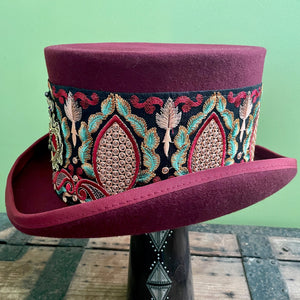 Immortal Kraft Burgundy Wool Top Hat Handmade Bee Floral Embroidered Trim Sz XL - OOAK - Phoenix Menswear