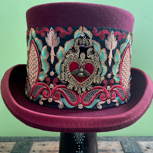 Immortal Kraft Burgundy Wool Top Hat Handmade Bee Floral Embroidered Trim Sz XL - OOAK - Phoenix Menswear