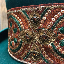 Load image into Gallery viewer, Immortal Kraft Green Wool Top Hat Handmade Jewelled Sequined Embroidered Trim Sz XL - OOAK - Phoenix Menswear