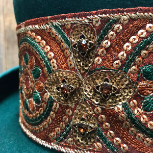 Immortal Kraft Green Wool Top Hat Handmade Jewelled Sequined Embroidered Trim Sz XL - OOAK - Phoenix Menswear