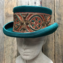 Load image into Gallery viewer, Immortal Kraft Green Wool Top Hat Handmade Jewelled Sequined Embroidered Trim Sz XL - OOAK - Phoenix Menswear