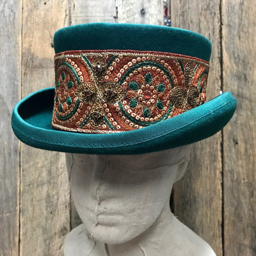 Immortal Kraft Green Wool Top Hat Handmade Jewelled Sequined Embroidered Trim Sz XL - OOAK - Phoenix Menswear