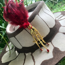 Load image into Gallery viewer, Immortal Kraft Handcrafted Red Feather Gold Hand Lapel Pin Hat Accessory - OOAK - Phoenix Menswear