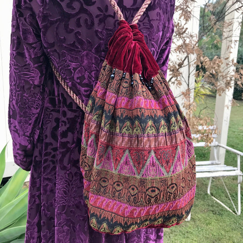 Immortal Kraft Handmade Velvet Burgundy Backpack Boho Hippie Tribal Stripe - OOAK - Phoenix Menswear