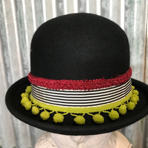 Immortal Kraft Wool Bowler Hat Stripes and Bauble Fringe Sz L - OOAK - Phoenix Menswear