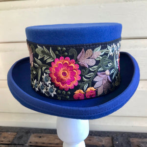 Immortal Kraft Wool Felt Top Hat - Blue with Floral Embroidered Trim Sz M - OOAK - Phoenix Menswear