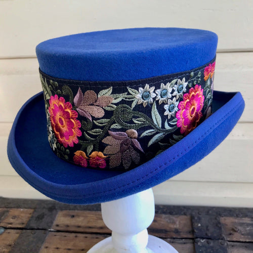 Immortal Kraft Wool Felt Top Hat - Blue with Floral Embroidered Trim Sz M - OOAK - Phoenix Menswear