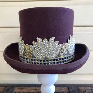 Immortal Kraft Wool Felt Top Hat - Brown with Embroidered Trim Sz M - OOAK - Phoenix Menswear