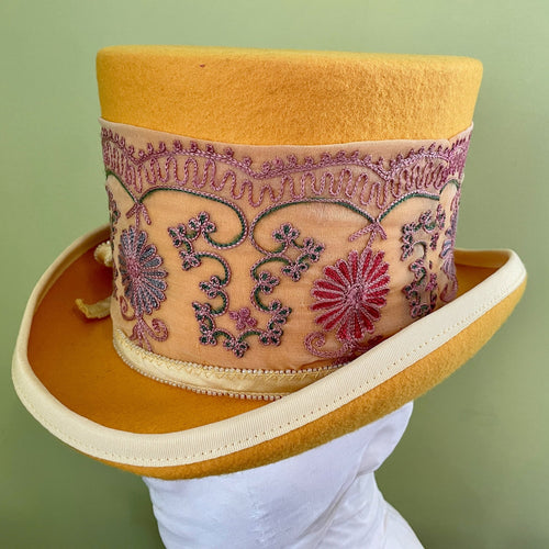 Immortal Kraft Yellow Wool Felt Top Hat Embroidered Vintage Trim Sz S - OOAK - Phoenix Menswear