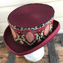 Load image into Gallery viewer, Immortal KraftBurgundy Wool Felt Top Hat - Floral Embroidered Trim Sz L - OOAK - Phoenix Menswear