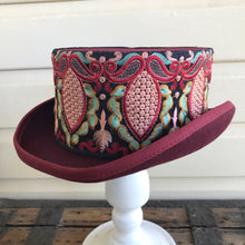 Load image into Gallery viewer, Immortal KraftBurgundy Wool Felt Top Hat - Floral Embroidered Trim Sz L - OOAK - Phoenix Menswear