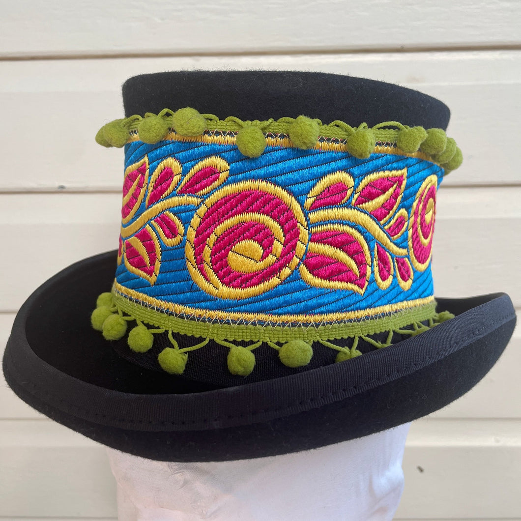 Kids Black Wool Felt Top Hat Immortal Kraft Hand Made Red Turquoise Green Trim Unisex Sz XS - OOAK - Phoenix Menswear