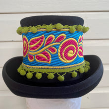 Load image into Gallery viewer, Kids Black Wool Felt Top Hat Immortal Kraft Hand Made Red Turquoise Green Trim Unisex Sz XS - OOAK - Phoenix Menswear