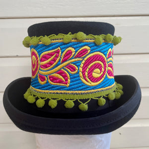 Kids Black Wool Felt Top Hat Immortal Kraft Hand Made Red Turquoise Green Trim Unisex Sz XS - OOAK - Phoenix Menswear