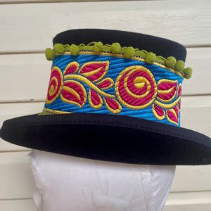 Kids Black Wool Felt Top Hat Immortal Kraft Hand Made Red Turquoise Green Trim Unisex Sz XS - OOAK - Phoenix Menswear