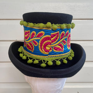 Kids Black Wool Felt Top Hat Immortal Kraft Hand Made Red Turquoise Green Trim Unisex Sz XS - OOAK - Phoenix Menswear