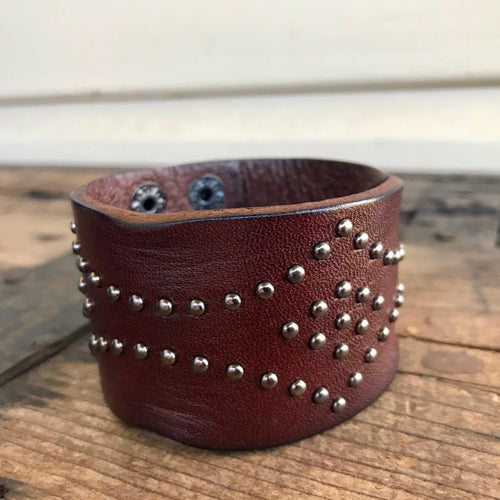 Leather Cuff Brown Silver Studs - Phoenix Menswear