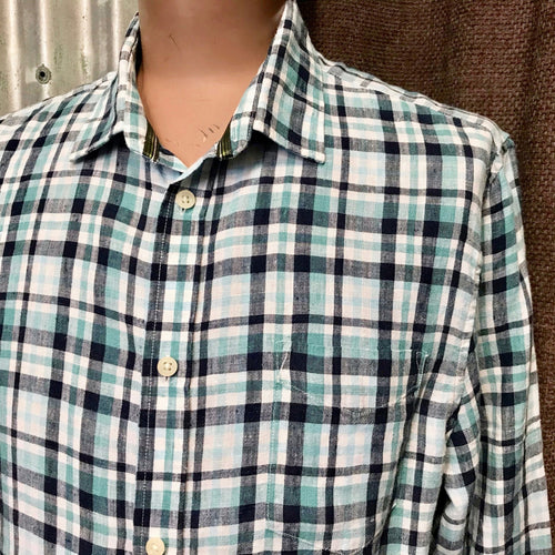 Linen L/S Shirt Blue Check on White Sz L - OOAK - Phoenix Menswear