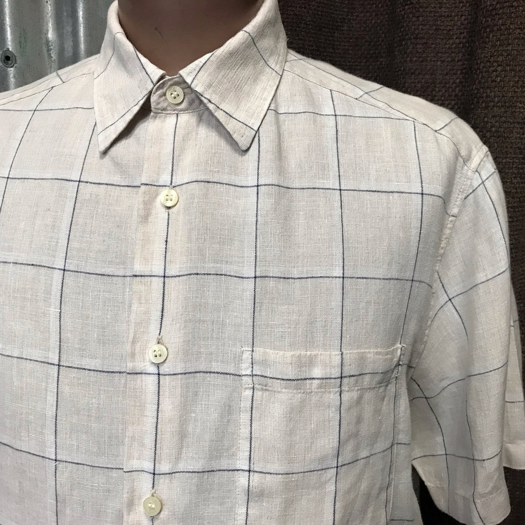 Linen S/S Shirt Creme Pin Stripe Check Sz L - OOAK - Phoenix Menswear