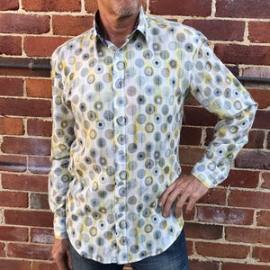 Linen/Tencel L/S Grey Yellow Patterned Shirt - New - Phoenix Menswear