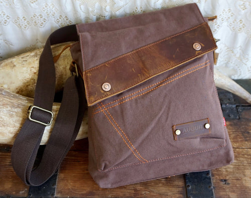 Medium Brown Canvas Shoulder Bag Leather Trim Magnetic Closure - Phoenix Menswear
