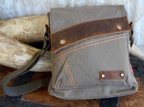 Medium Khaki Canvas Shoulder Bag Leather Trim Magnetic Closure - Phoenix Menswear