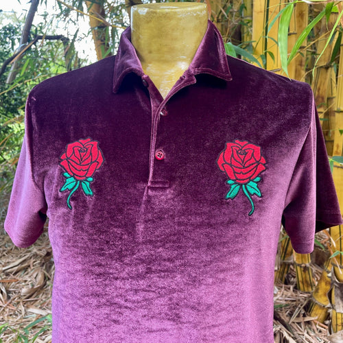 Men's Purple Velvet Asos T-Shirt Embroidered Red Rose S/S Sz M - OOAK - Phoenix Menswear