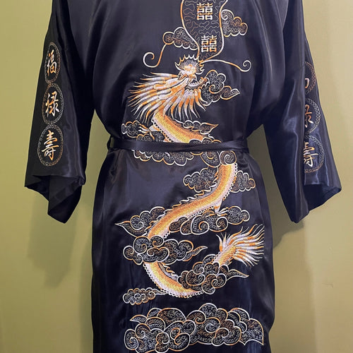 Men's Silky L/S Black Embroidered Dressing Gown Smoking Jacket Asian Yellow Dragons - New - Phoenix Menswear