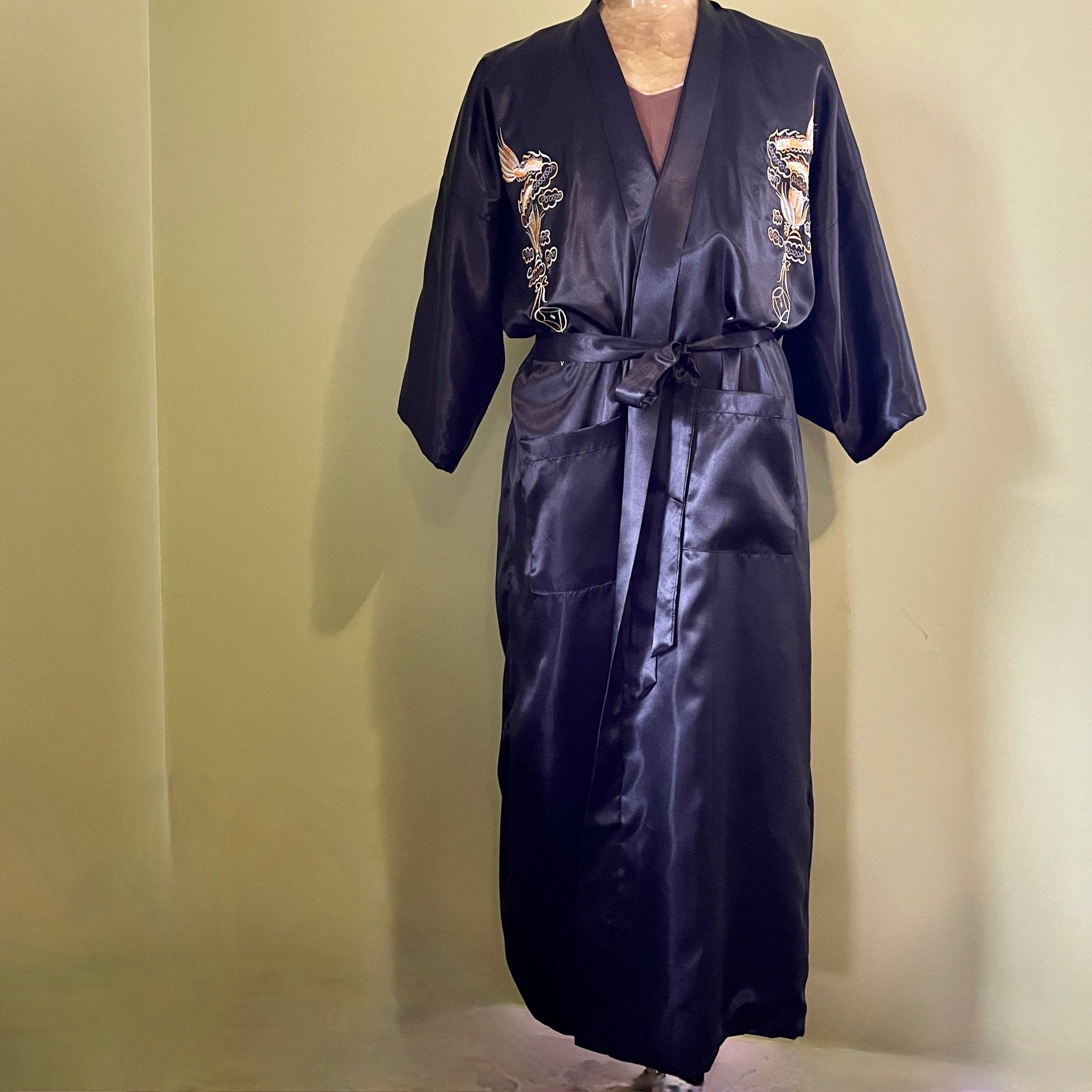 Men's Silky L/S Black Embroidered Dressing Gown Smoking Jacket Asian Y Phoenix Menswear Men's Silky L/S Black Embroidered Dressing Gown Smoking Jacket Asian Y Phoenix Menswear