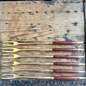 Mid Century Set of 6 Forks Small Hors D'ouervre Appetizer Cutlery Kitchen Wood Brass - OOAK - Phoenix Menswear