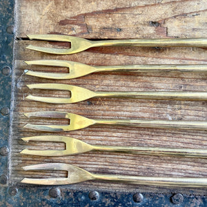 Mid Century Set of 6 Forks Small Hors D'ouervre Appetizer Cutlery Kitchen Wood Brass - OOAK - Phoenix Menswear