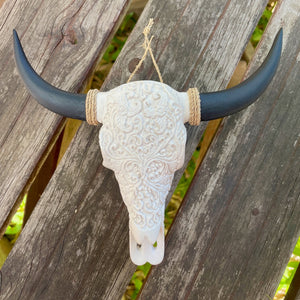 Ornamental Floral Carved Cow Skull White Black Resin - Phoenix Menswear