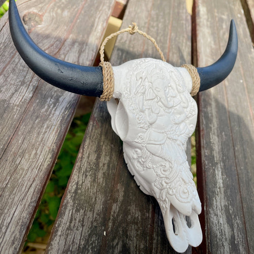 Ornamental Ganesh Carved Cow Skull White Black Resin - Phoenix Menswear