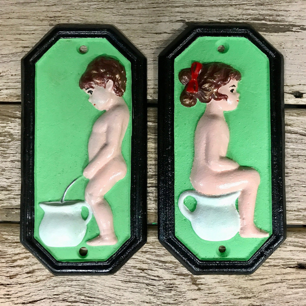 Pair Cast Iron Toilet Signs Boys & Girls Green - Phoenix Menswear