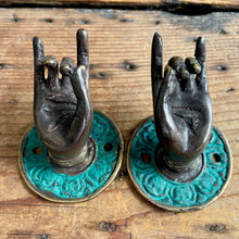 Load image into Gallery viewer, Pair of Buddha Mudra Hand Hooks Brass Green Patina Wall Hook Drawer Pulls - Phoenix Menswear