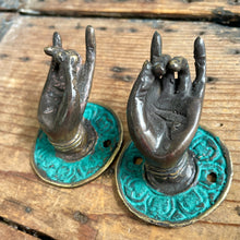 Load image into Gallery viewer, Pair of Buddha Mudra Hand Hooks Brass Green Patina Wall Hook Drawer Pulls - Phoenix Menswear