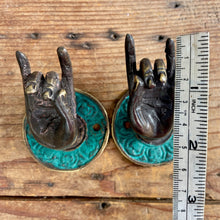 Load image into Gallery viewer, Pair of Buddha Mudra Hand Hooks Brass Green Patina Wall Hook Drawer Pulls - Phoenix Menswear