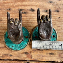 Load image into Gallery viewer, Pair of Buddha Mudra Hand Hooks Brass Green Patina Wall Hook Drawer Pulls - Phoenix Menswear