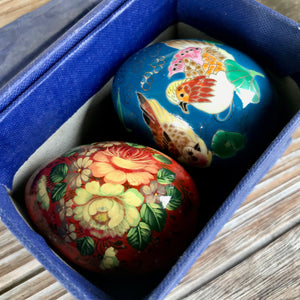 Pair of Vintage Ceramic Decorative Eggs Floral Blue Red Boxed- OOAK - Phoenix Menswear