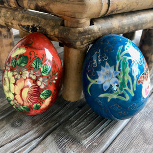 Pair of Vintage Ceramic Decorative Eggs Floral Blue Red Boxed- OOAK - Phoenix Menswear