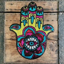 Load image into Gallery viewer, Patch - Sequined Hand Hamsa Eye Turquoise Pink Yellow - Phoenix Menswear