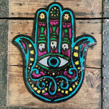 Load image into Gallery viewer, Patch - Sequined Hand Hamsa Eye Turquoise Pink Yellow - Phoenix Menswear